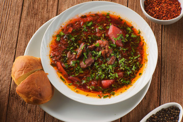Delicious borscht with lamb, beetroot, herbs and spices