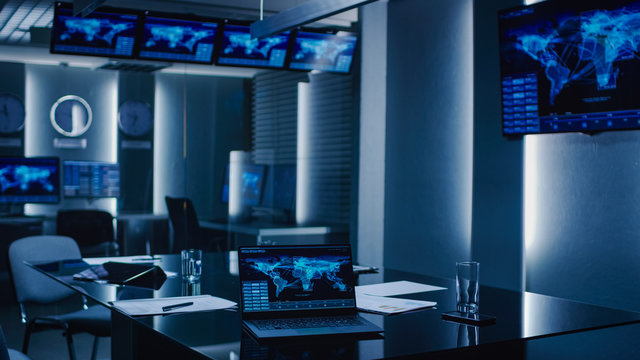 Shot Of The System Control Monitoring Room. Empty Government Emergency Operations Center.