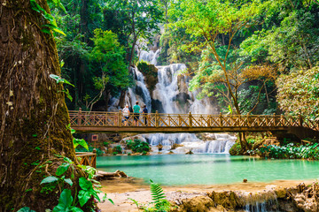 Fototapeta premium Tad Kuang Si waterfall most famous and beautiful waterfall in Luang Prabang province, Laos.