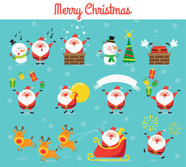 Christmas cartoon vector set.  Santa, snowman, deer, christmas decorations. Vector illustration in a flat style.