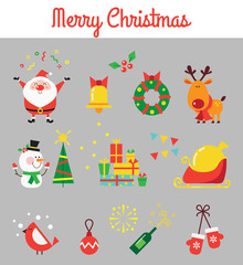 Christmas cartoon vector set.  Santa, snowman, deer, christmas decorations. Vector illustration in a flat style.
