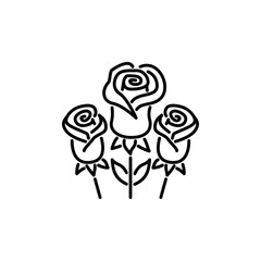 Black & white vector illustration of celebration rose flower. Line icon of ornamental floral plant. Gardening & landscaping. Isolated object