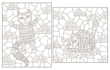 Obraz premium Set of contour illustrations of stained glass Windows with cute cartoon cats on a cloud background, dark contours on a white background
