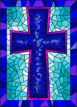 The illustration in stained glass style painting on religious themes, stained glass window in the shape of a blue Christian cross , on a blue  background with  frame