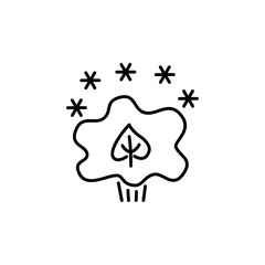 Black & white vector illustration of evergreen plant with snowflakes. Line icon of green foliage shrub & bush . Gardening & landscaping. Isolated object