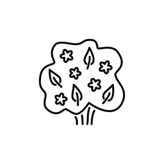 Black & white vector illustration of deciduous plant. Line icon of green foliage shrub & bush with leaves, flowers. Gardening & landscaping. Isolated object