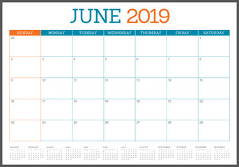 June 2019 desk calendar vector illustration
