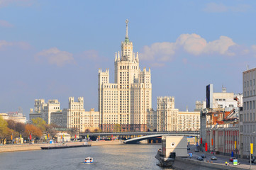 Moscow river and Kotelnicheskaya Embankment Building one of seven stalinist skyscrapers in Russia.