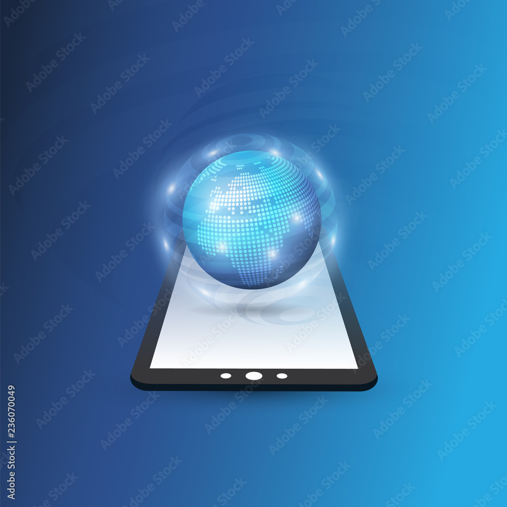 Poster cloud computing design concept with earth globe and tablet pc - digital network connections, technol