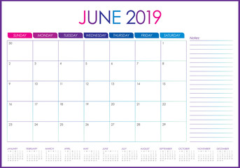 June 2019 desk calendar vector illustration