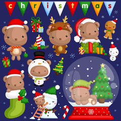 A vector set of cute little bear in various poses and costume for christmas celebration