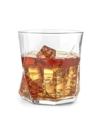 Glass of whisky with ice on white background