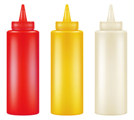 Set of bottles with ketchup, mustard and  mayonnaise. Vector illustration.