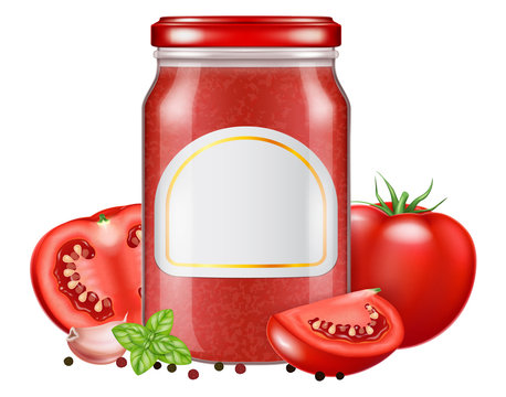 A glass jar of tomato sauce with fresh oregano leaves and tomato. Vector illustration.