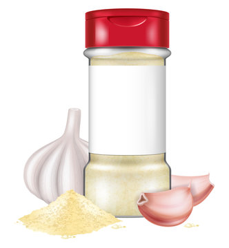 Bottle Of Garlic Powder And Garlic Cloves. Vector Illustration.