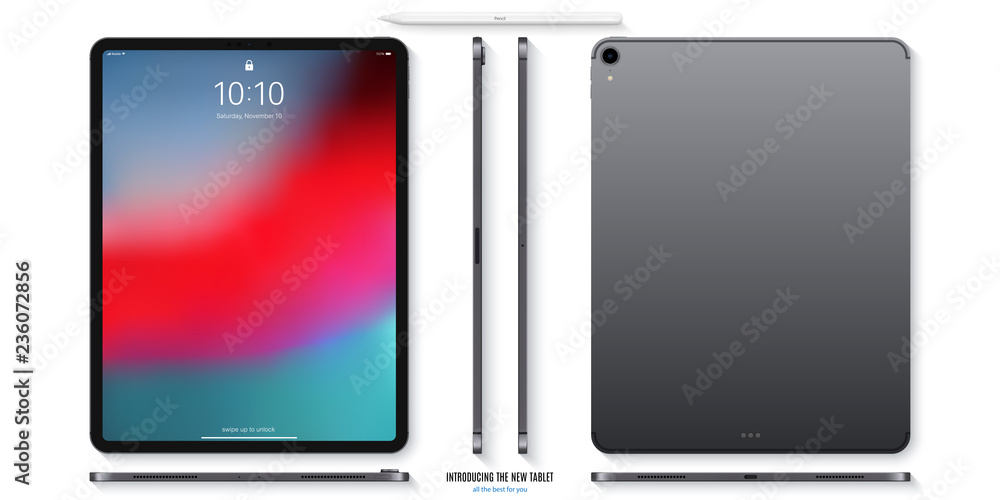 Poster tablet mockup in grey color with colorful screen front, back and side on white background. stock vec