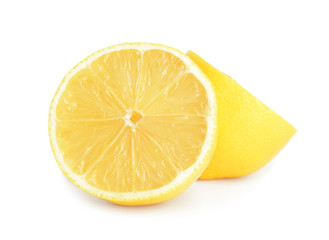 Cut ripe juicy lemon on white background