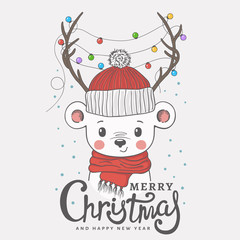 Cute little bear with deer horns, christmas garland, knitted cap, scarf. Christmas card. New Year. Season's Greetings. Vector illustration