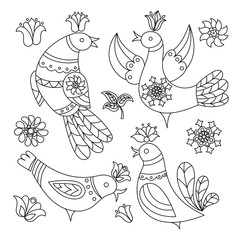 FOLK BIRD Decorative Folk Ornament Color Vector Illustration Set for Print