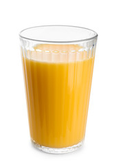 Glass of orange juice on white background