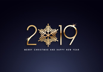 Merry Christmas and Happy New Year text design. Vector greeting illustration with golden numbers.