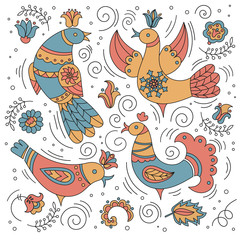 ORNAMENTAL BIRD Decorative Folk Ornament Color Vector Illustration Set for Print