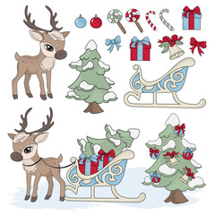 SLED DEER New Year Color Vector Illustration Set for Wall Decorations, Scrapbooking, Baby Book, Photo Albums and Card Print