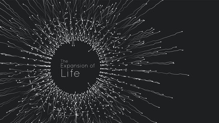 Expansion of life. Vector sphere explosion background. Small particles strive out of center. Blurred debrises into rays or lines under high speed of motion. Burst, explosion backdrop.