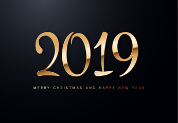 Merry Christmas and Happy New Year text design. Vector greeting illustration with golden numbers.