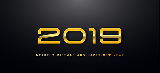 Merry Christmas and Happy New Year text design. Vector greeting illustration with golden numbers.