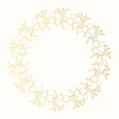 Golden hand drawn vintage olive branch  laurel wreath. Greek gold round frame for oil label. Vector isolated illustration.