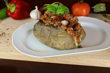 Kumpir - Traditional Turkish meal with baked potato, butter, cheese, bulgur salad, beef meat, mozzarella meat, tomato sauce and hot spices