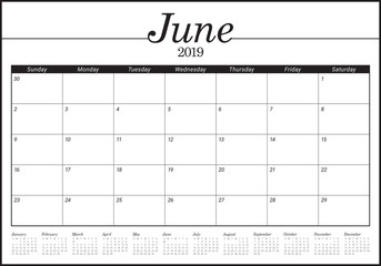 June 2019 desk calendar vector illustration