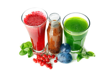 Colourful smoothies on white background