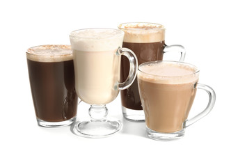 Different kinds of coffee drinks on white background