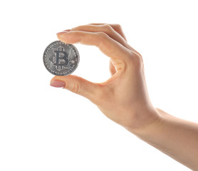 Female hand with bitcoin on white background
