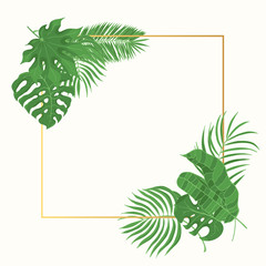 Hand drawn tropical leaves wedding golden frame. Aralia, monstera, banana, coconut leaf gold invitation card border. Vector isolated illustration.