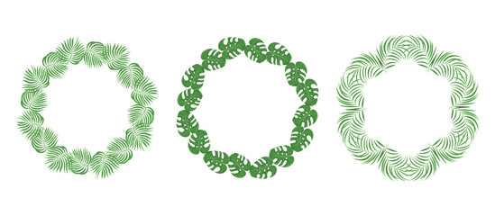 Hand drawn palm leaves frames set. Tropical leaf invitation card borders. Vector isolated illustration. Jungle wreath.