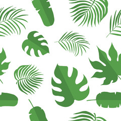 Handgetekende palm, monstera, aralia laat naadloos patroon achter voor textiel. Tropisch bladbehang, stoffenachtergrond. Vector geïsoleerde illustratie.