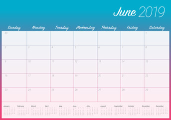 June 2019 desk calendar vector illustration