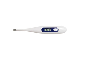 Digital thermometer isolated on a white background. Medical thermometer display 38.1 degrees celsius.