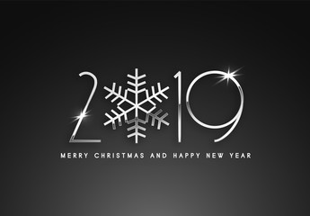 Merry Christmas and Happy New Year text design. Vector greeting illustration with silver numbers.
