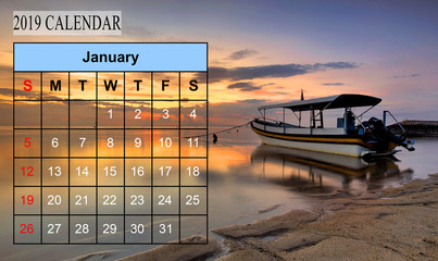 Template of 2019 Monthly Calendar with amazing nature landscape background. Copy Space.