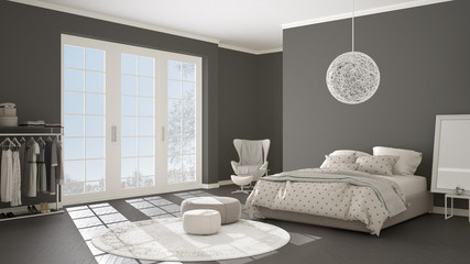 Comfortable modern gray and beige bedroom with wooden parquet floor, panoramic window on winter landscape, carpet, armchair and bed with blanket and pillows, minimal interior design