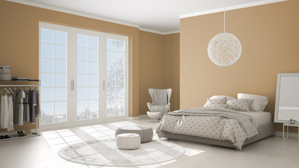 Colored modern orange and beige bedroom with wooden parquet floor, panoramic window on winter landscape, carpet, armchair and bed with blanket and pillows, minimal interior design