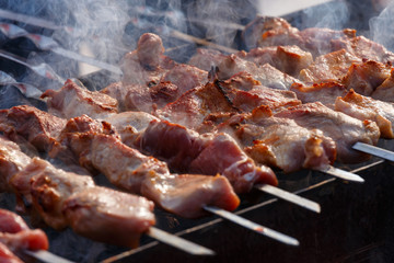 Big pieces of meat at barbecue with white smoke over it