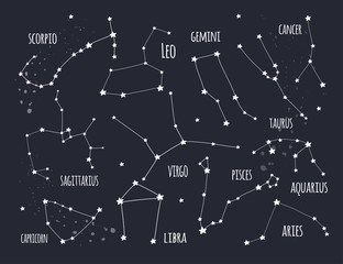 Hand drawn zodiac constellations. Graphic vector set. Dark background. All elements are isolated