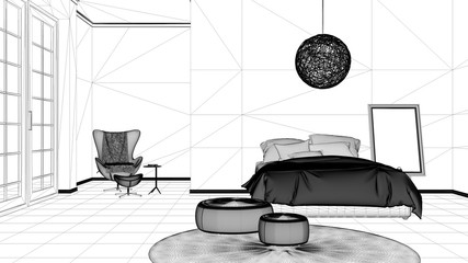 Interior design project, black and white ink sketch, architecture blueprint showing modern bedroom with wooden parquet floor, panoramic window, carpet and bed, contemporary architecture