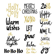 Hand drawn christmas lettering. Black and golden letters. Graphic vector set. Every phrase is isolated