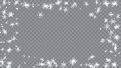 Falling snow background. Bbright, White, Shimmer, Glowing, Scatter, Falling on a Transparent background. Holiday decoration Christmas banner.